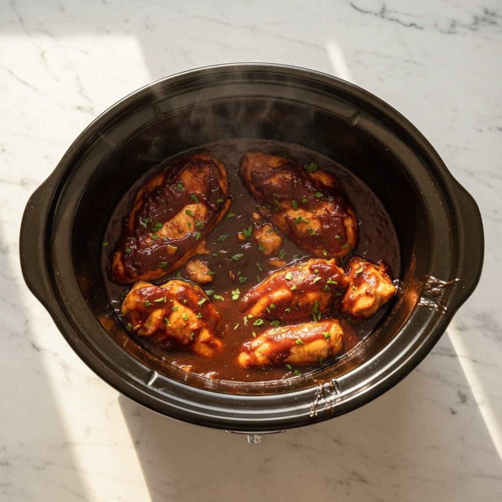 Delicious 3-Ingredient BBQ Chicken simmering in a Crockpot.