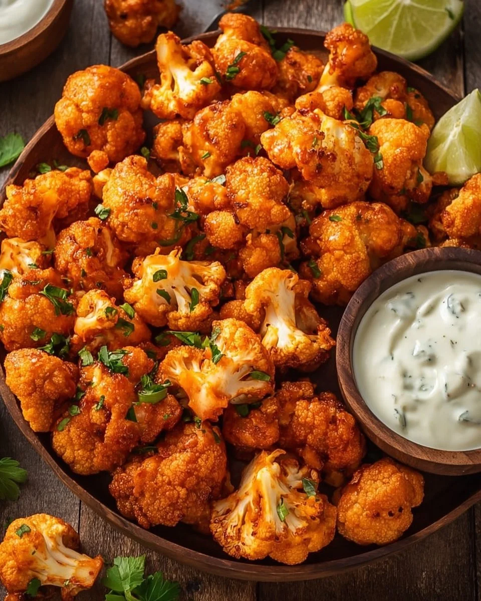 Crispy Air Fryer Buffalo Cauliflower served with dipping sauce