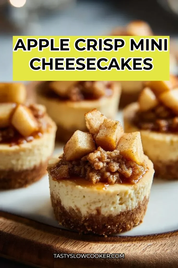 Delicious apple crisp mini cheesecakes topped with cinnamon apples and crumbly streusel.