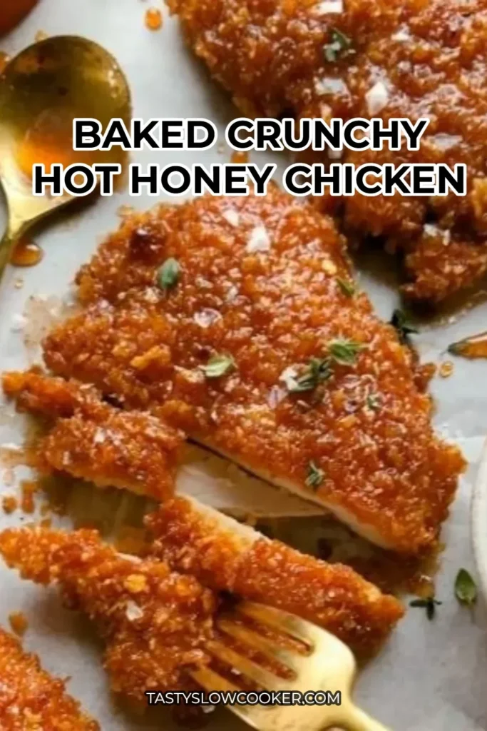 Baked Crunchy Hot Honey Chicken served with a side of dipping sauce