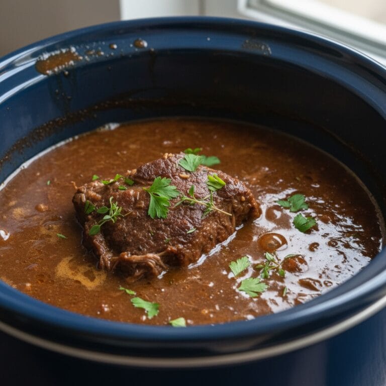 Close-up of Slow Cooker Beef Stew simmering in a blue pot.