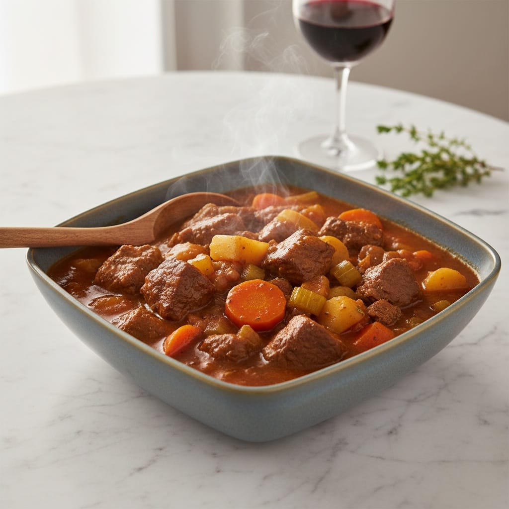 Hearty Slow Cooker Beef Stew served in a ceramic bowl.