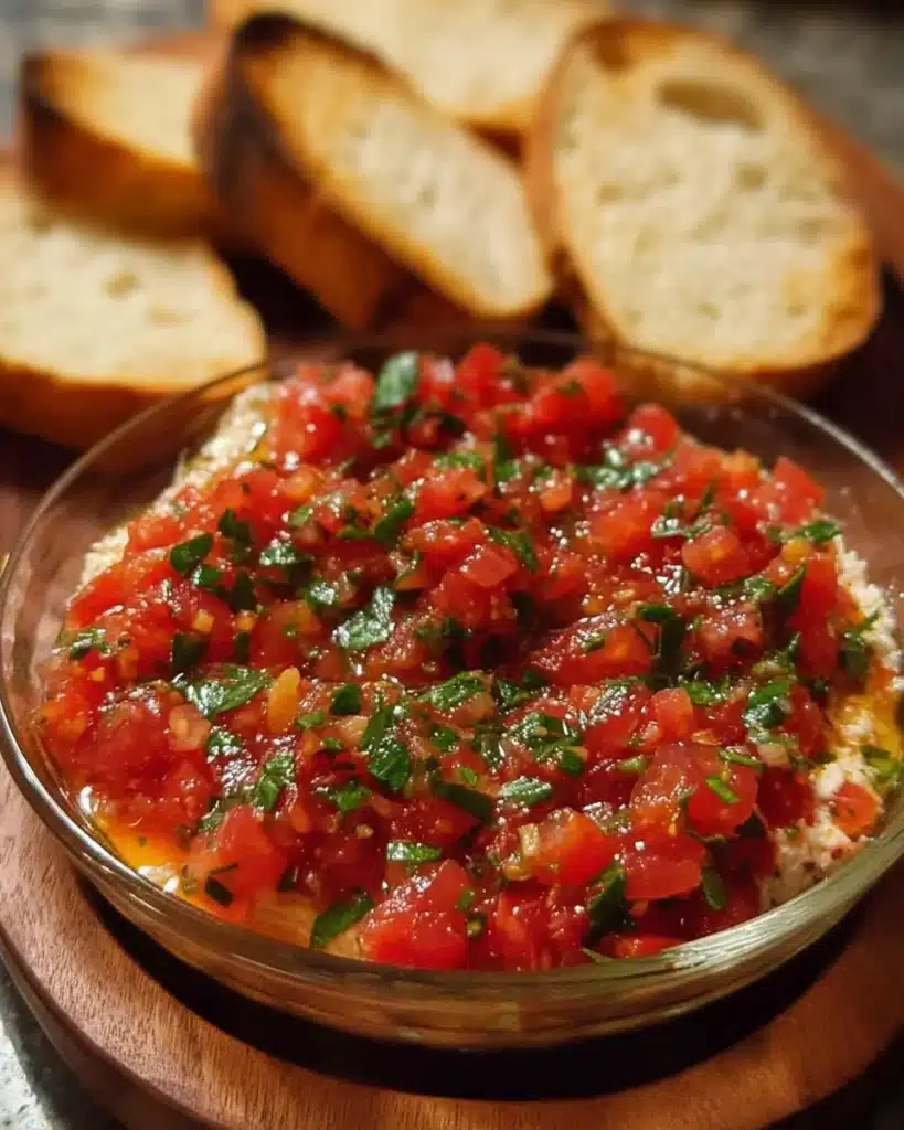 Delicious bruschetta dip served in a bowl with fresh ingredients