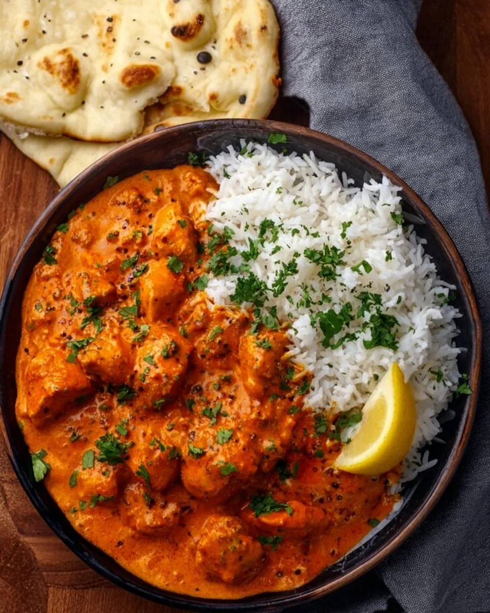 Delicious Butter Chicken served with rice and naan, showcasing its rich colors and creamy texture.