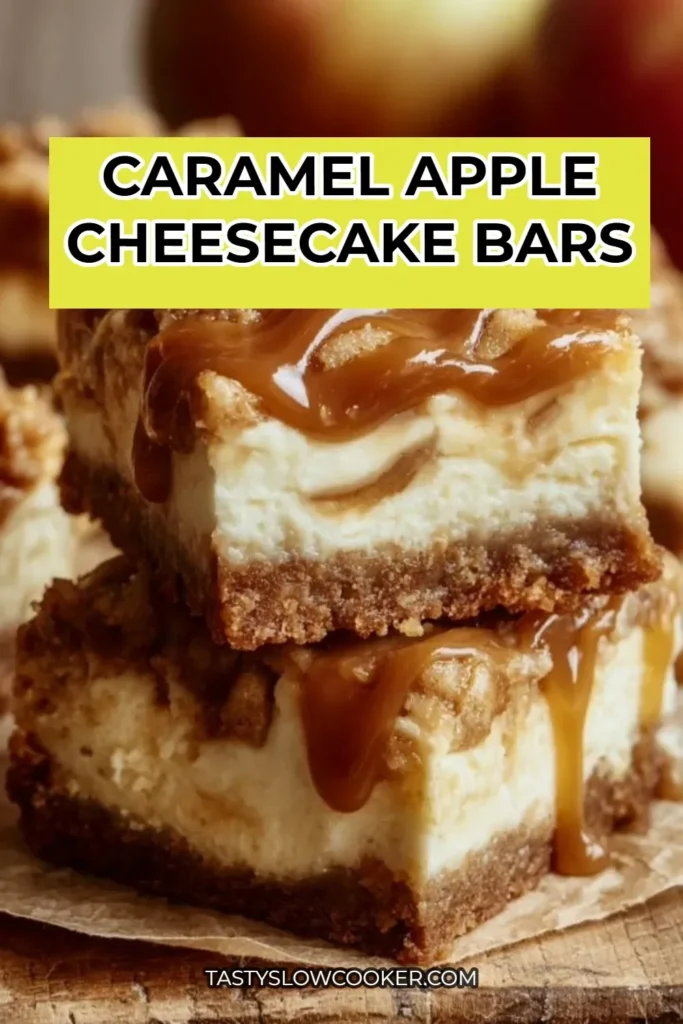 Caramel Apple Cheesecake Bars topped with drizzle on a white plate