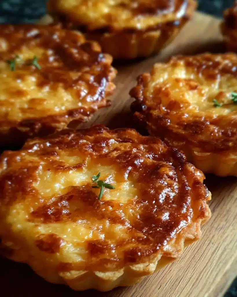 Caramelized onion and cheese tarts on a plate, garnished for serving.