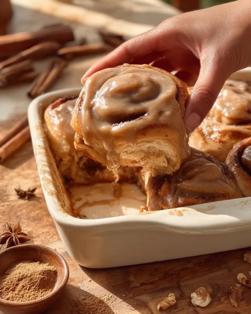 Homemade chai cinnamon rolls topped with icing and spices