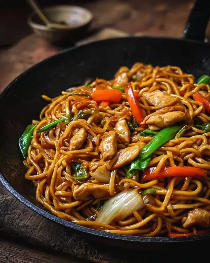 A bowl of Chicken Lo Mein with stir-fried noodles and vegetables.