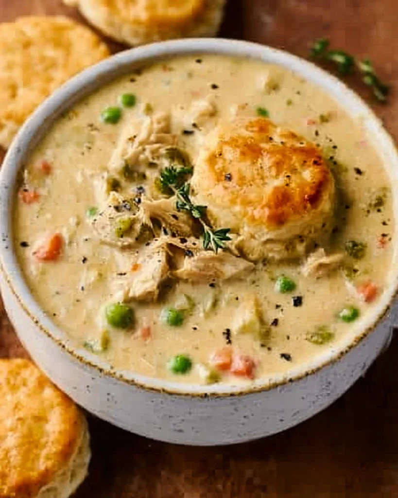 Delicious Chicken Pot Pie Soup served in a rustic bowl with herbs on top