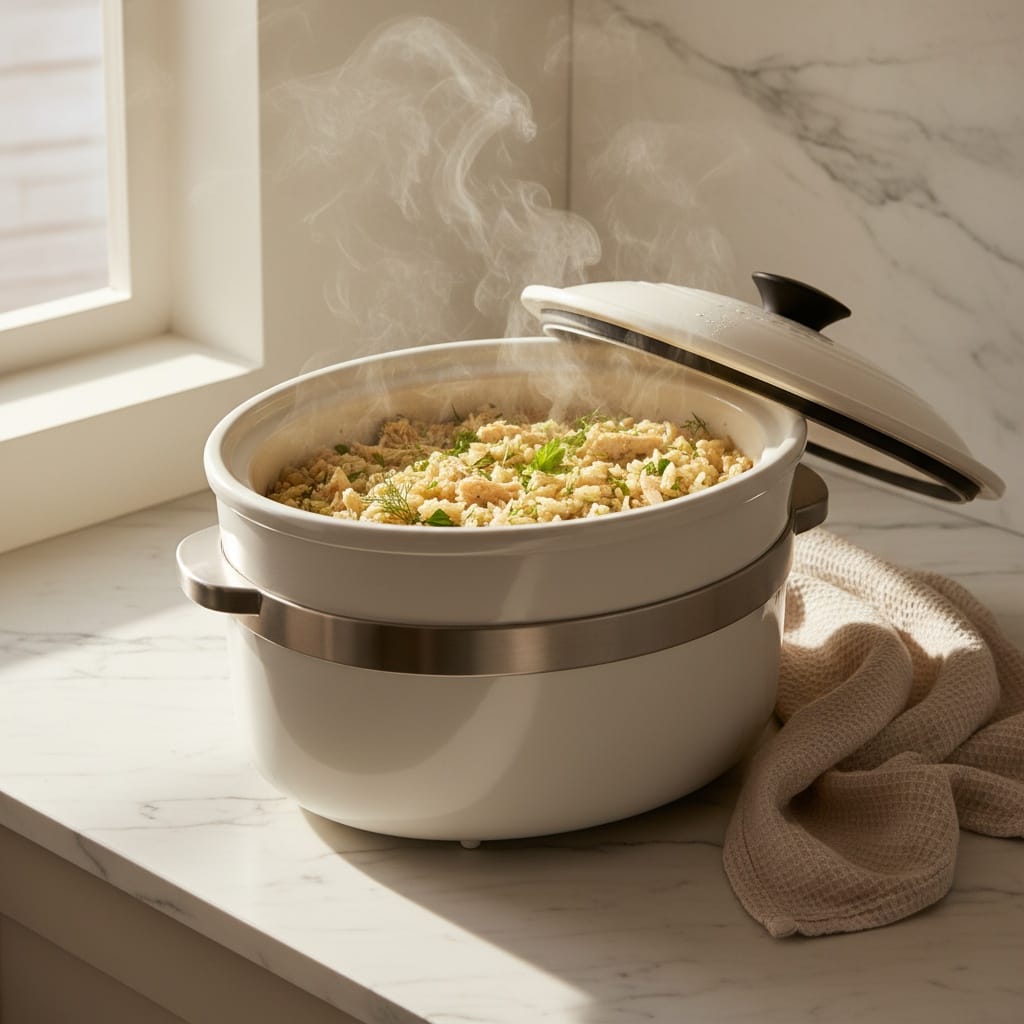 Crockpot with Slow Cooker Lemon Herb Chicken and Rice, lid ajar.