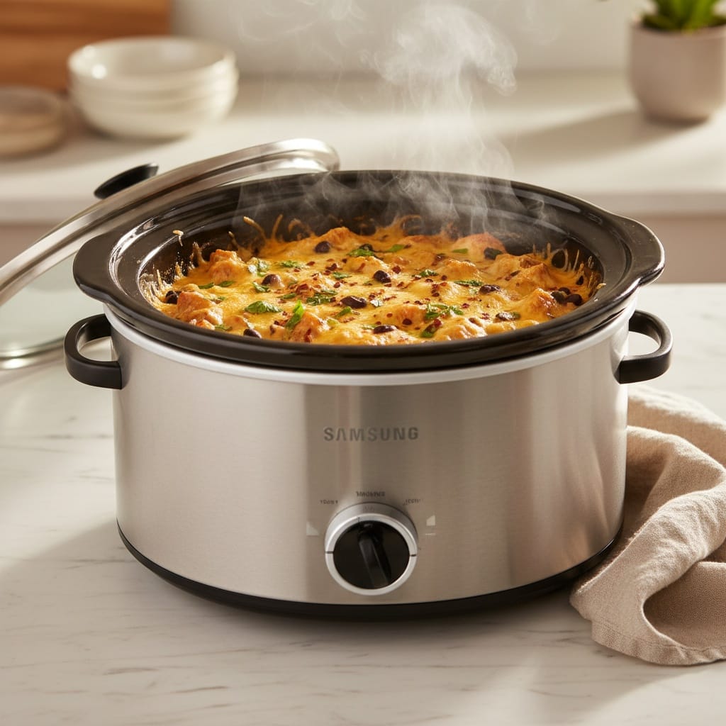 Chicken Crockpot Taco Casserole steaming on marble counter