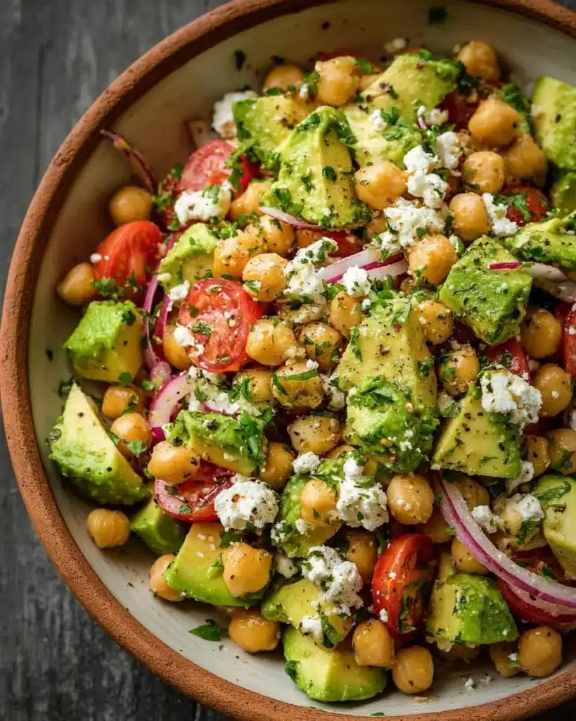 Chickpea Feta Avocado Salad with vibrant ingredients in a bowl