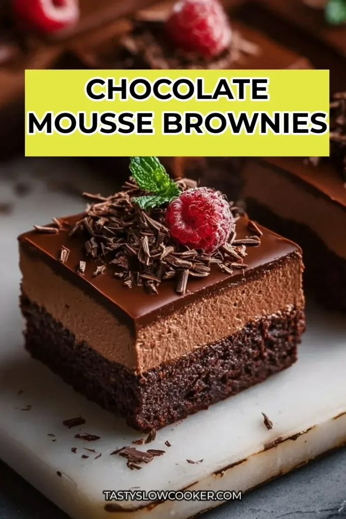 Delicious Chocolate Mousse Brownies served on a plate, topped with chocolate shavings.