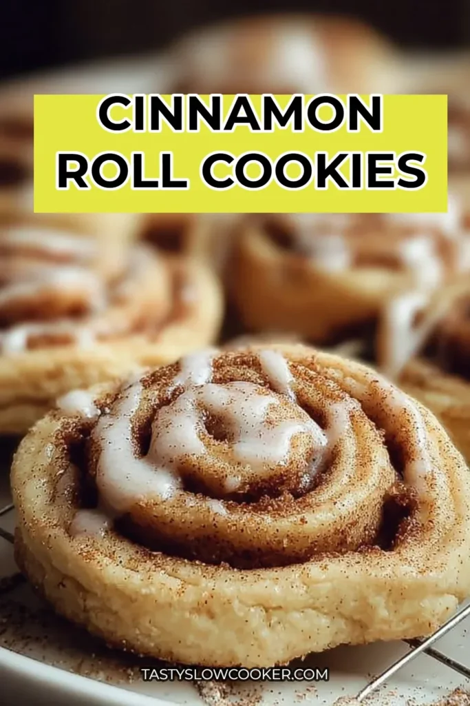 Delicious cinnamon roll cookies topped with creamy icing on a rustic wooden background.
