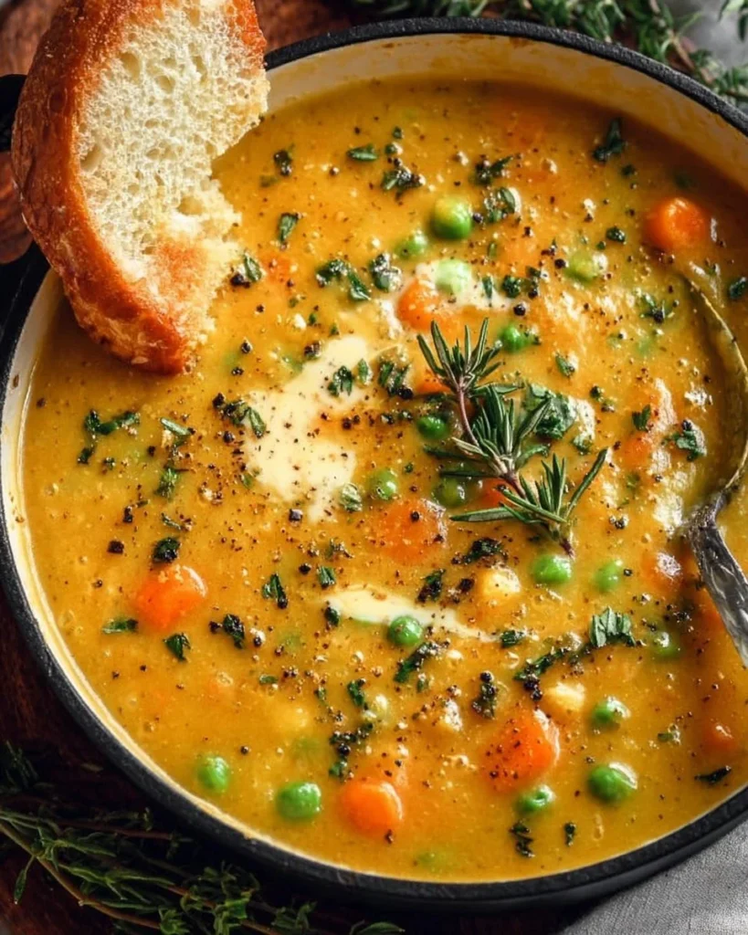 Bowl of creamy vegetable soup with fresh vegetables and herbs on a wooden table.
