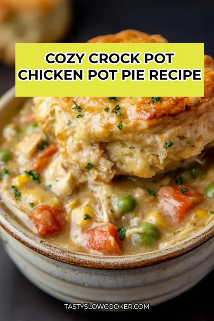 Cozy crock pot chicken pot pie served in a rustic dish with vegetables