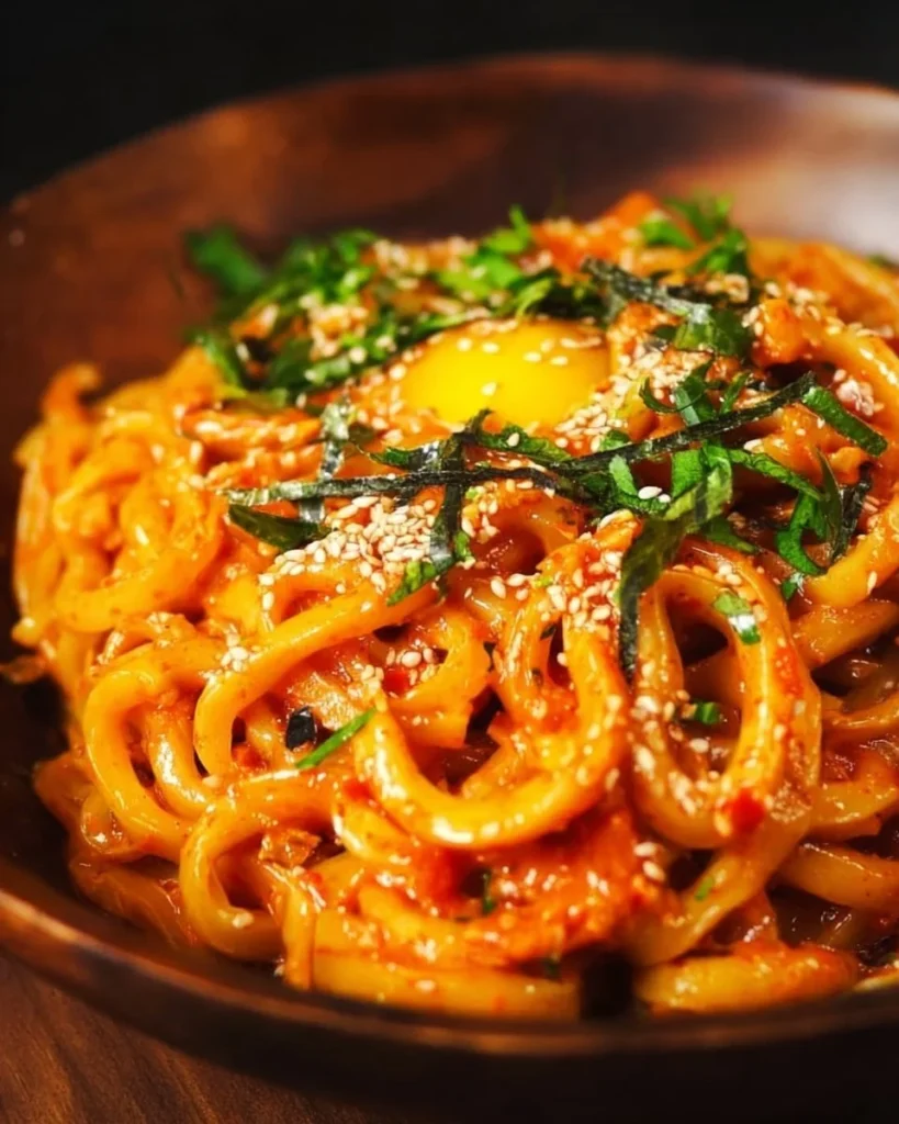 Creamy gochujang udon noodles served in a bowl with vibrant toppings
