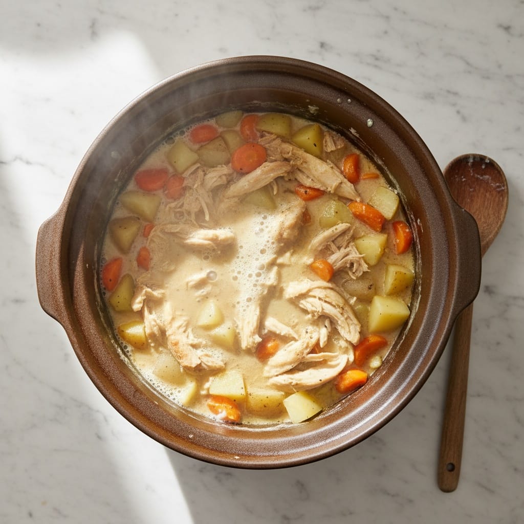Overhead shot of Creamy Ranch Chicken & Potatoes actively simmering.