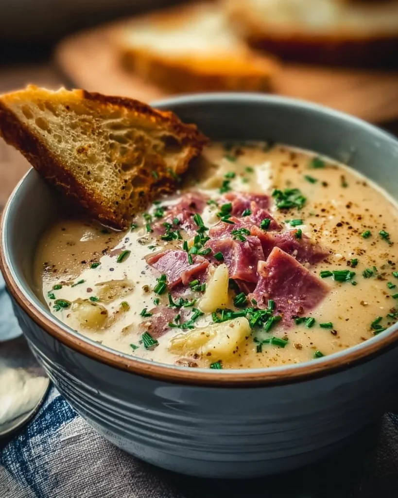 Bowl of creamy Reuben soup garnished with herbs and served with crackers