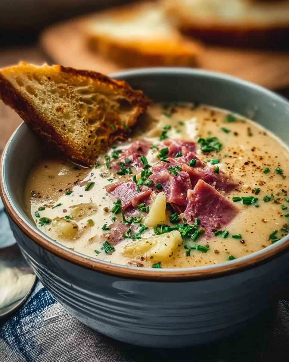 Bowl of creamy Reuben soup garnished with herbs and served with crackers