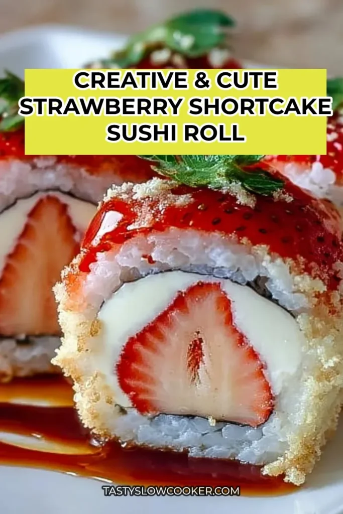 Creative strawberry shortcake sushi roll with fresh strawberries and whipped cream