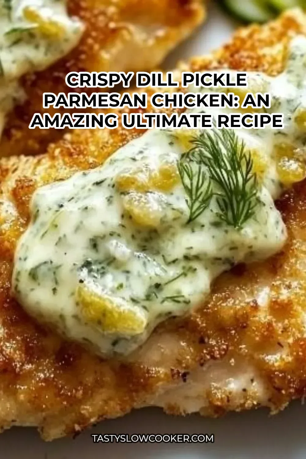 Crispy Dill Pickle Parmesan Chicken served on a plate, garnished with herbs.