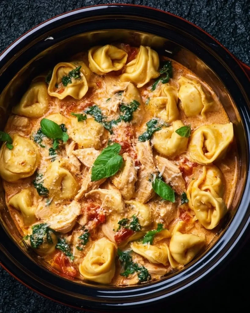CrockPot Chicken Tortellini dish served with fresh herbs and cheese