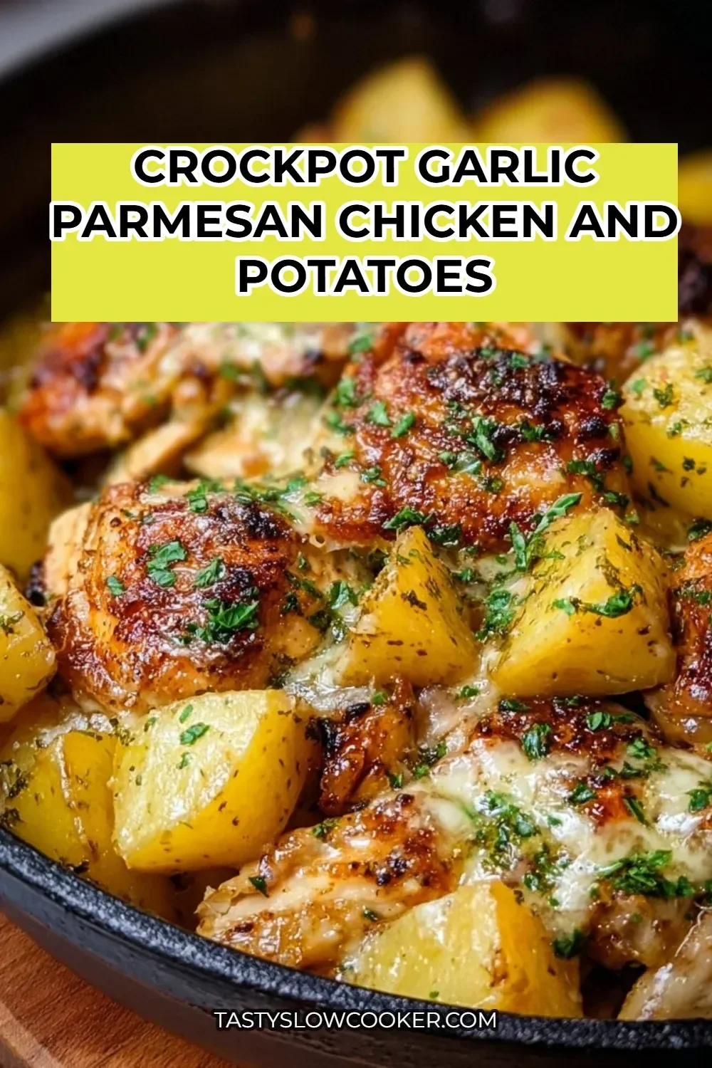 Delicious Crockpot Garlic Parmesan Chicken served with tender potatoes