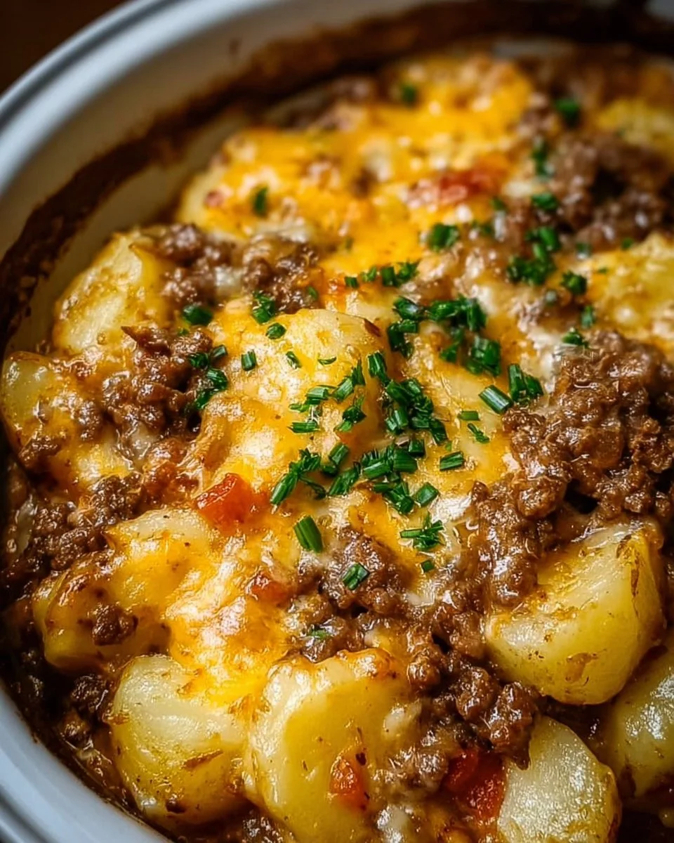 Crockpot Hamburger Potato Casserole ready to serve in a pot.