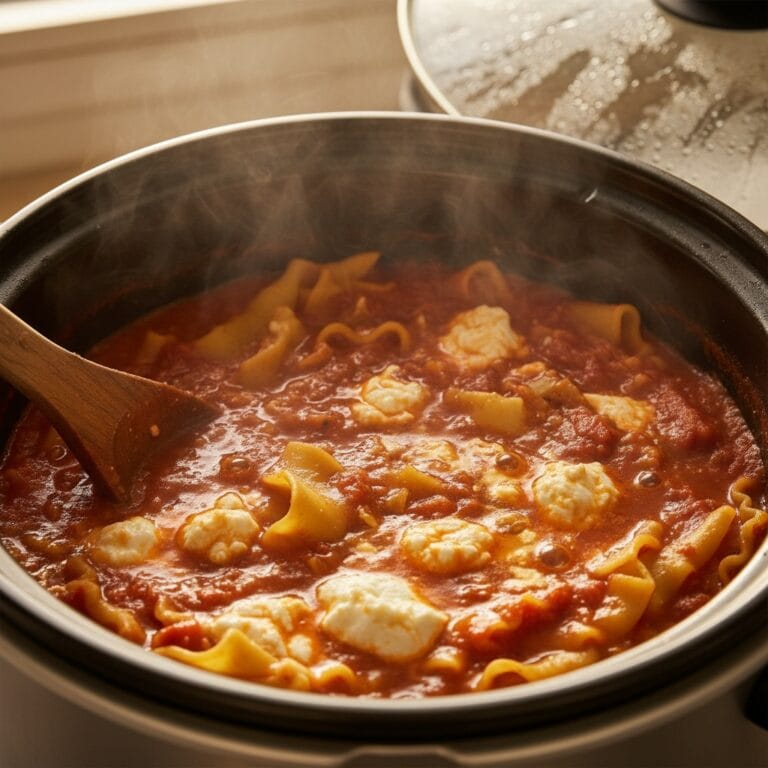 Close-up of bubbling Crockpot Lasagna Soup in a slow cooker.