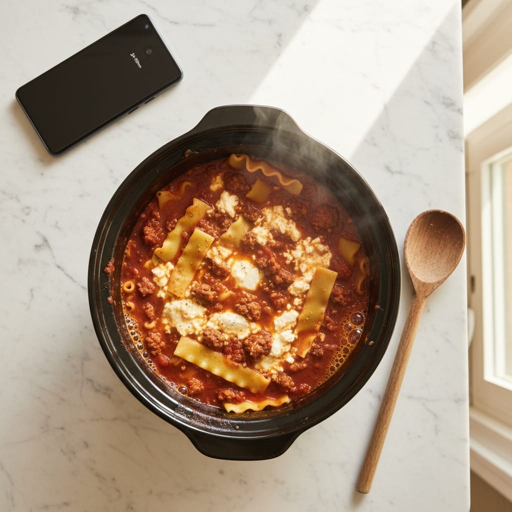Delicious Crockpot Lasagna Soup bubbling in a slow cooker.