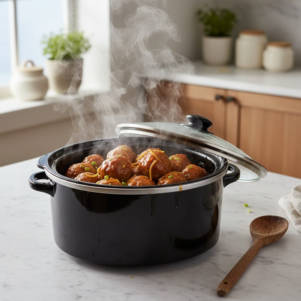 Slow cooker with Sweet & Sour Meatballs, lid ajar