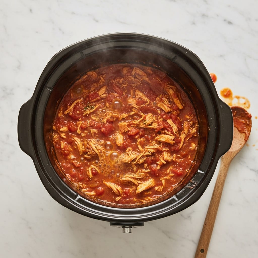 Overhead shot of bubbling Salsa Chicken Tacos in a Crockpot.
