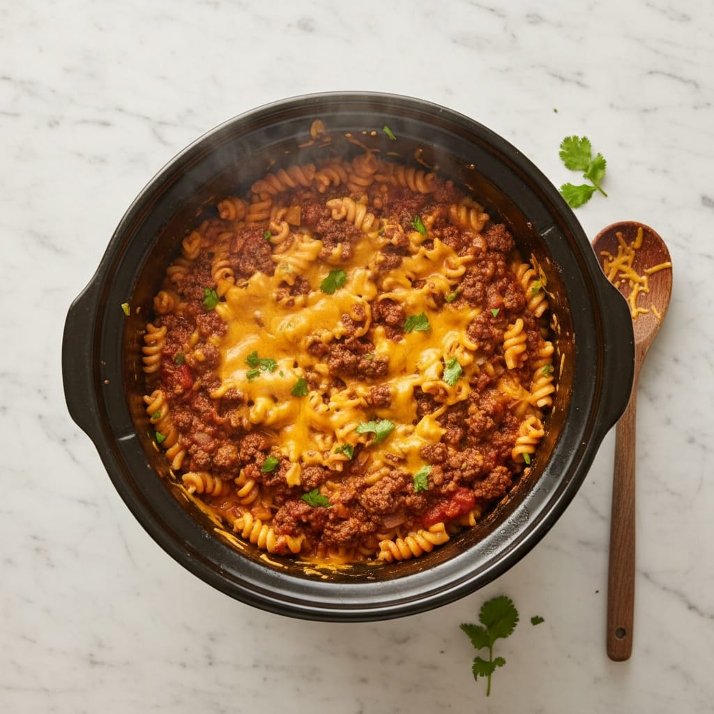 Bubbling Crockpot Taco Casserole in a black slow cooker