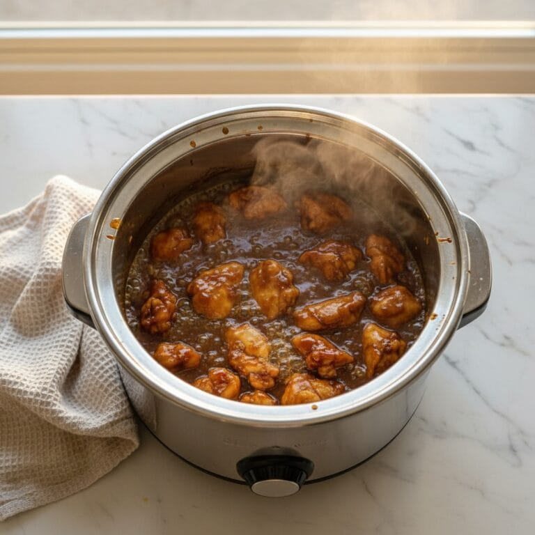 Overhead shot of a Crockpot filled with Dump & Go Teriyaki Chicken