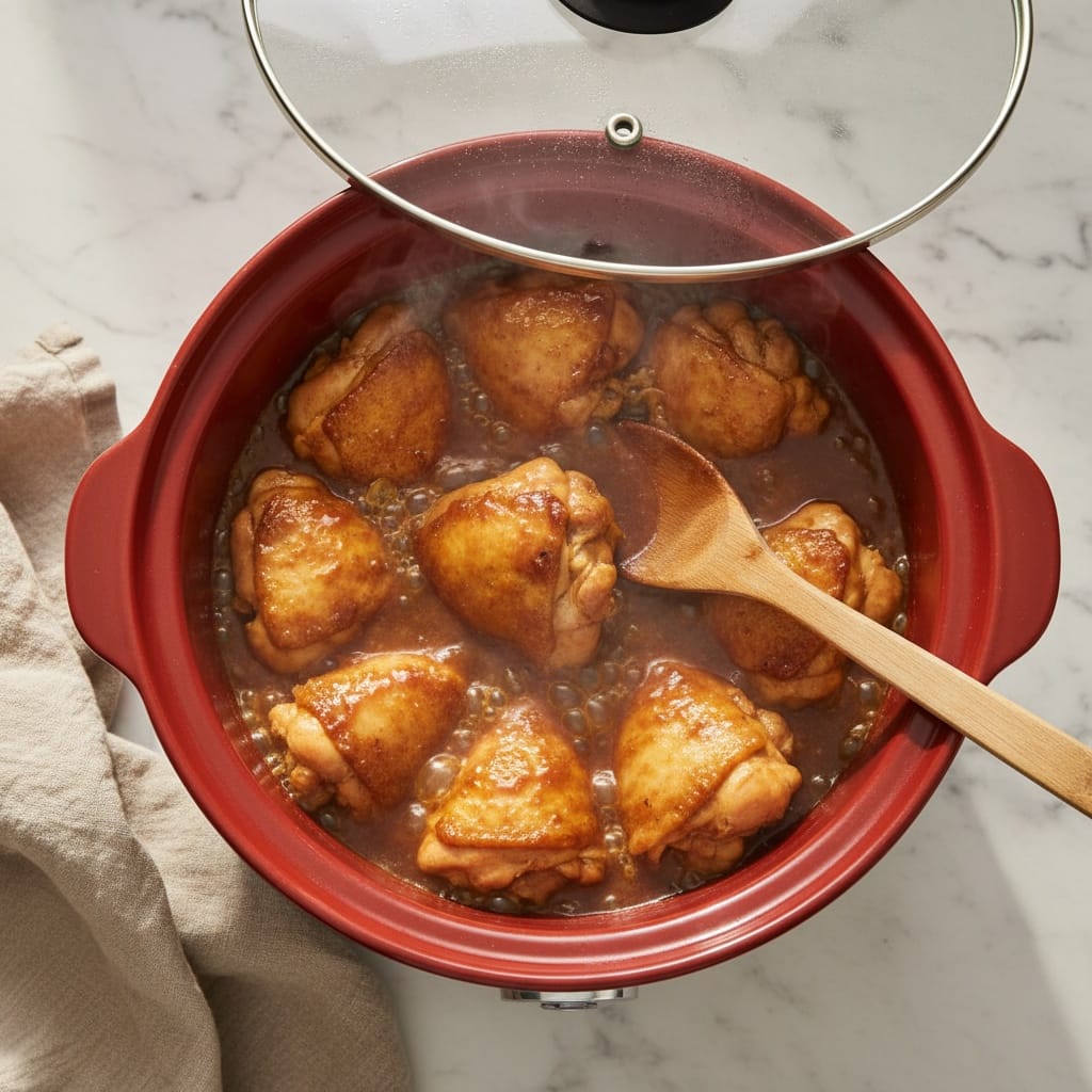 Overhead view of Dump & Go Teriyaki Chicken cooking in a Crockpot.