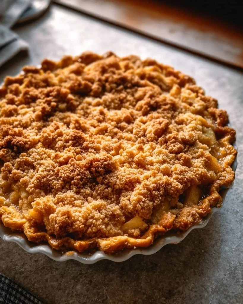 Slice of Dutch Apple Pie with buttery crumb topping on a plate