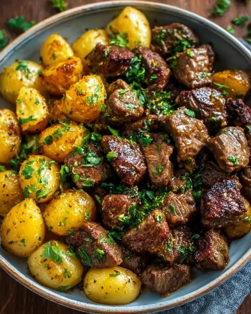 Plate of Garlic Butter Beef Bites with roasted potatoes