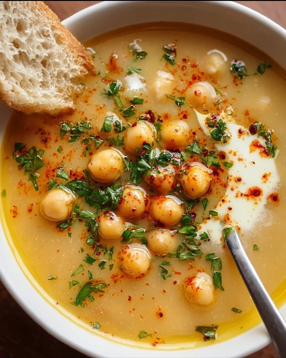 A warm bowl of Garlic Chickpea Soup garnished with herbs and spices.