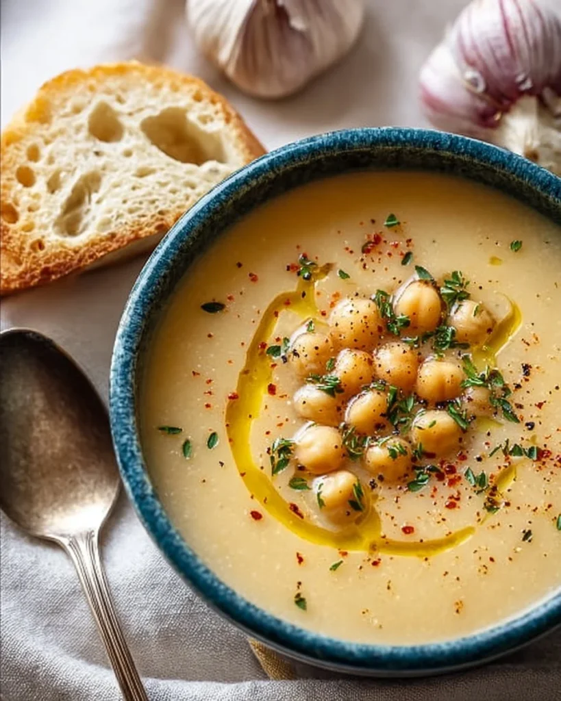 Bowl of Garlic Chickpea Soup garnished with fresh herbs and spices