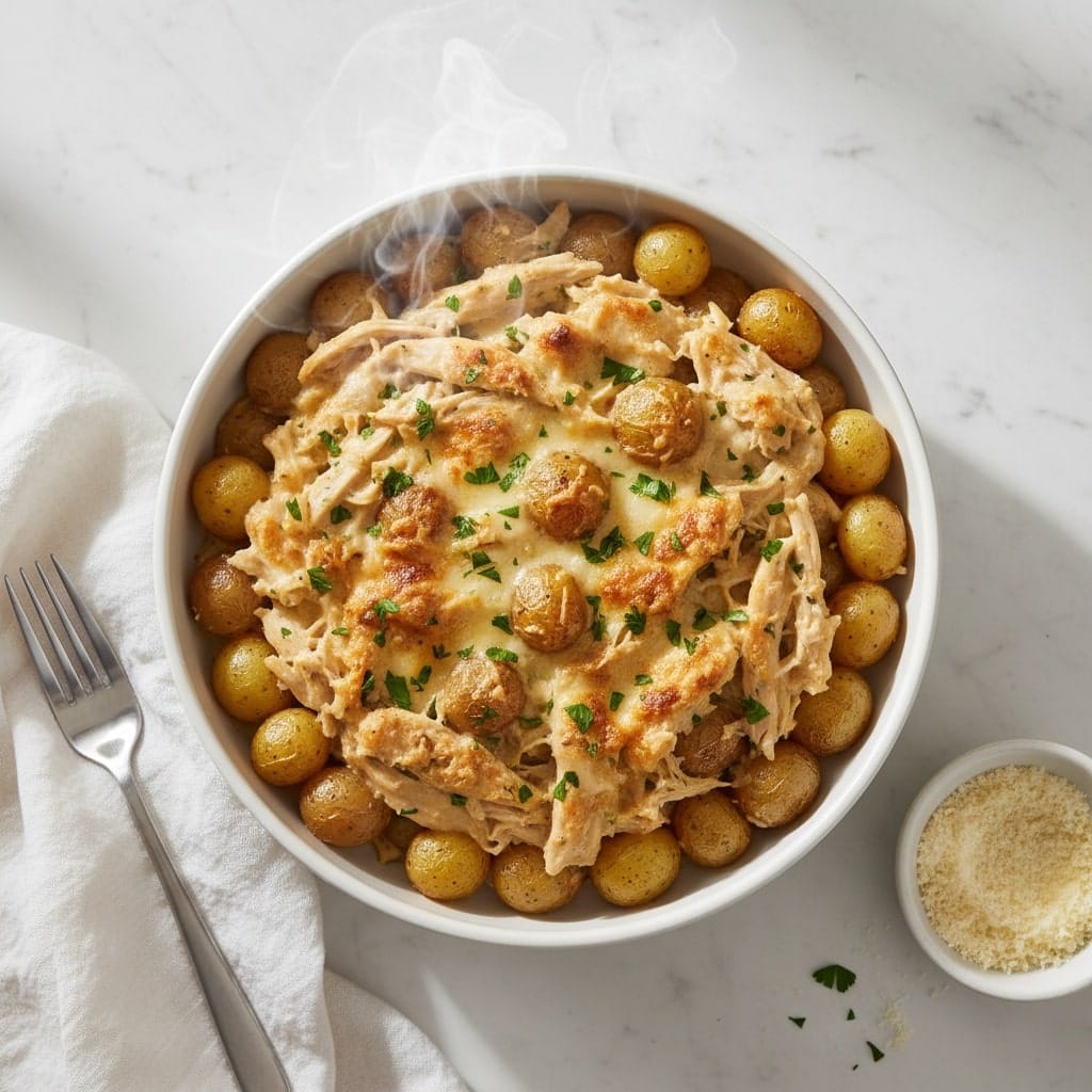 Delicious Garlic Parmesan Slow Cooker Chicken with potatoes.