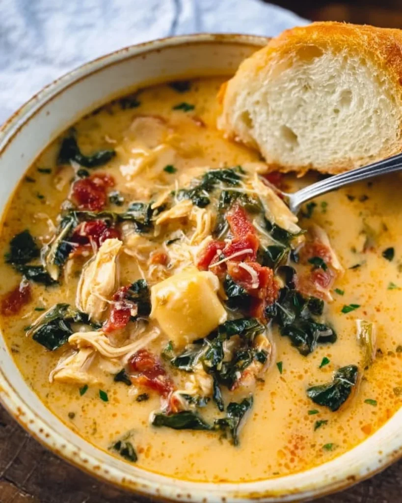 Bowl of delicious Marry Me Tuscan Chicken Soup with fresh ingredients