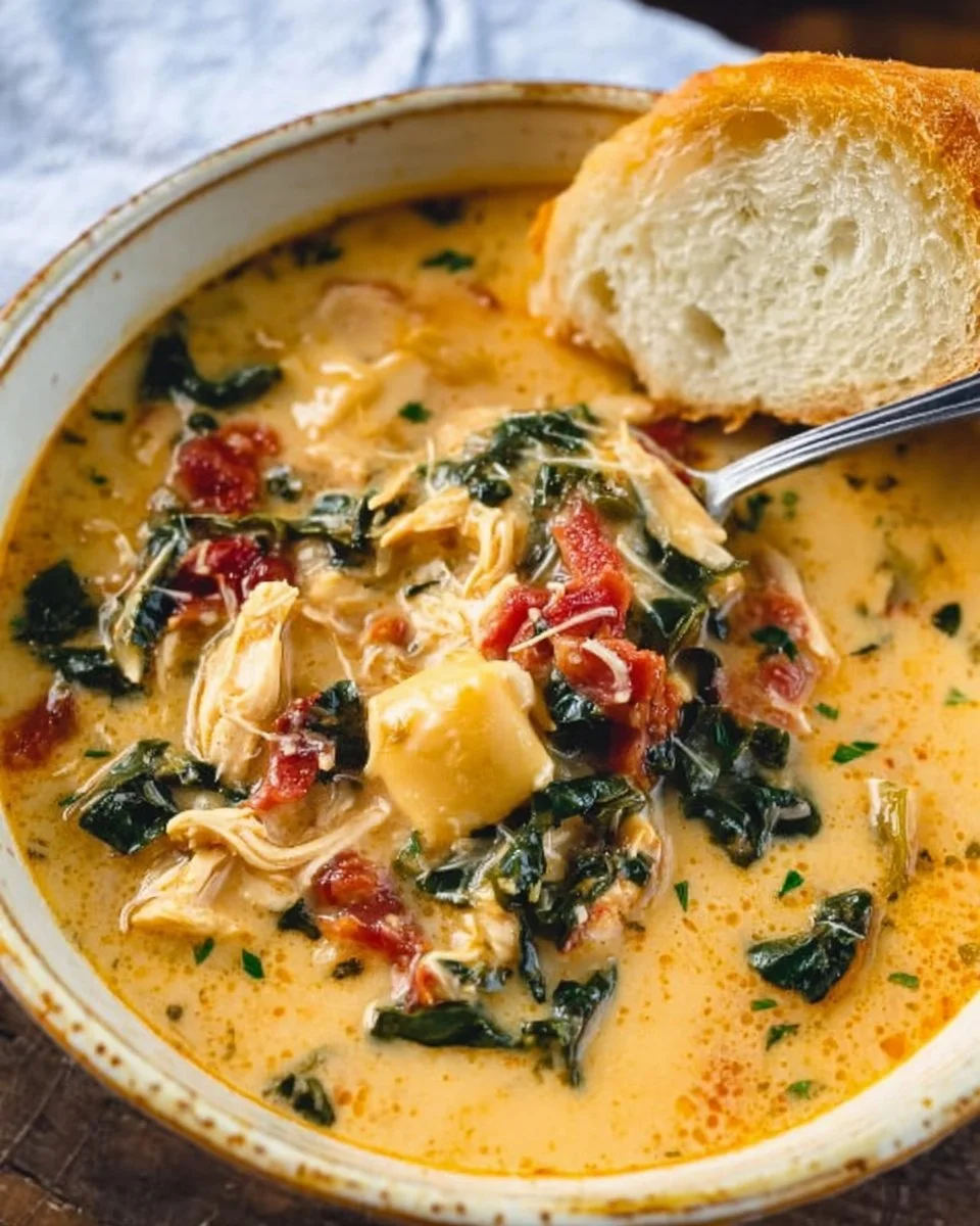 Bowl of delicious Marry Me Tuscan Chicken Soup with fresh ingredients