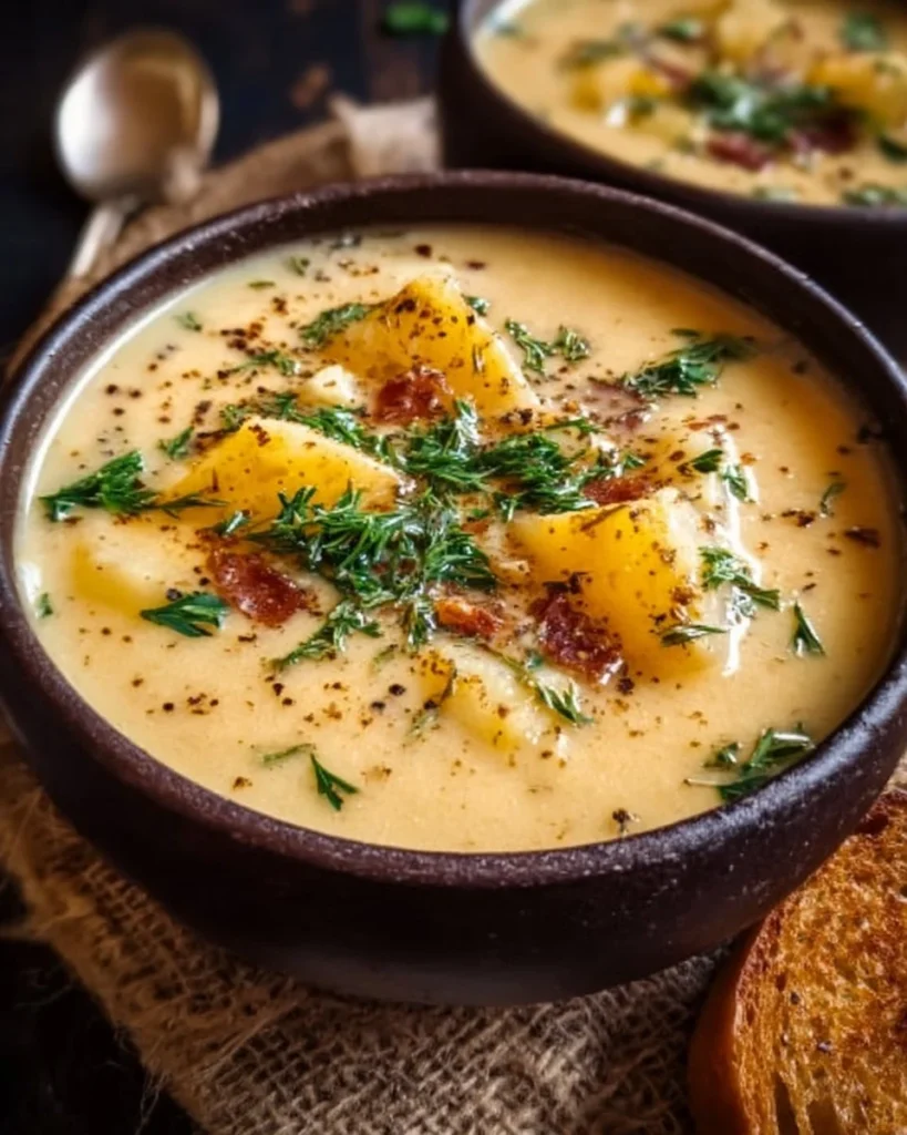 Bowl of hearty cheddar garlic herb potato soup garnished with fresh herbs