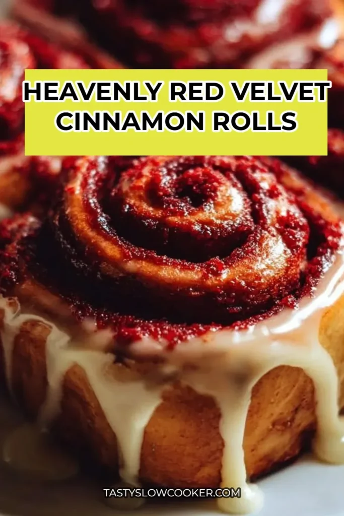 Freshly baked red velvet cinnamon rolls with creamy frosting