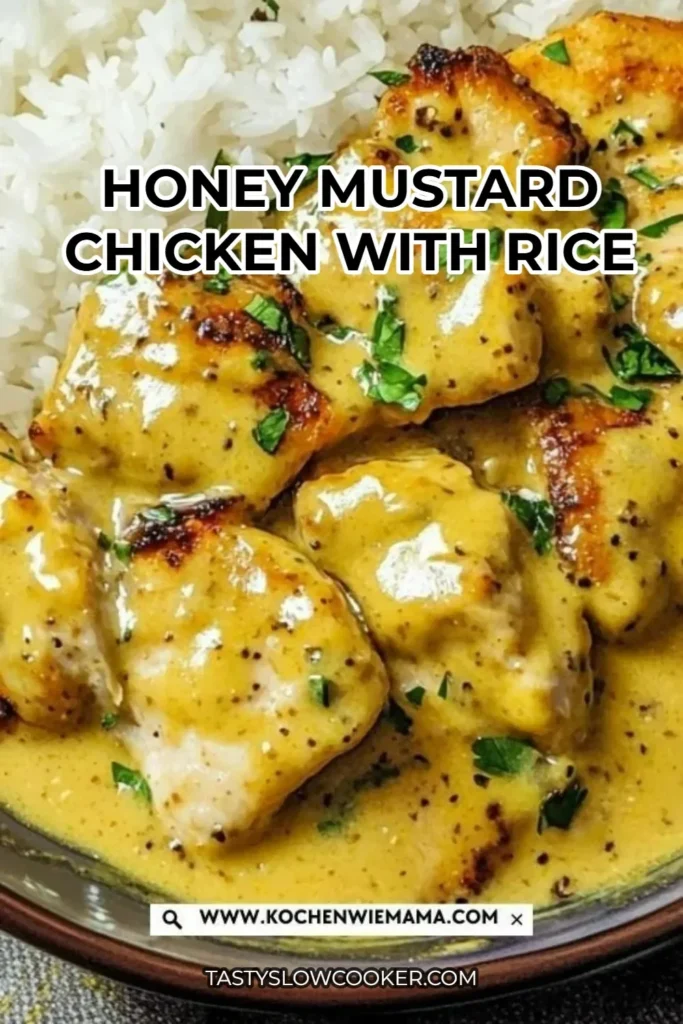 Honey mustard chicken dish served with rice on a plate
