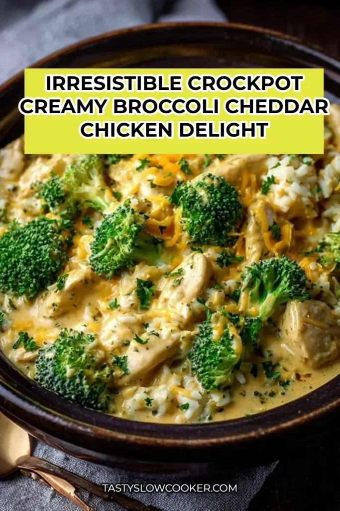 Crockpot creamy broccoli cheddar chicken served in a bowl