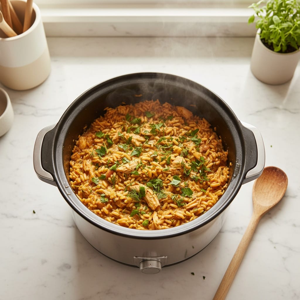 Overhead view: steaming Slow Cooker Lemon Herb Chicken and Rice.