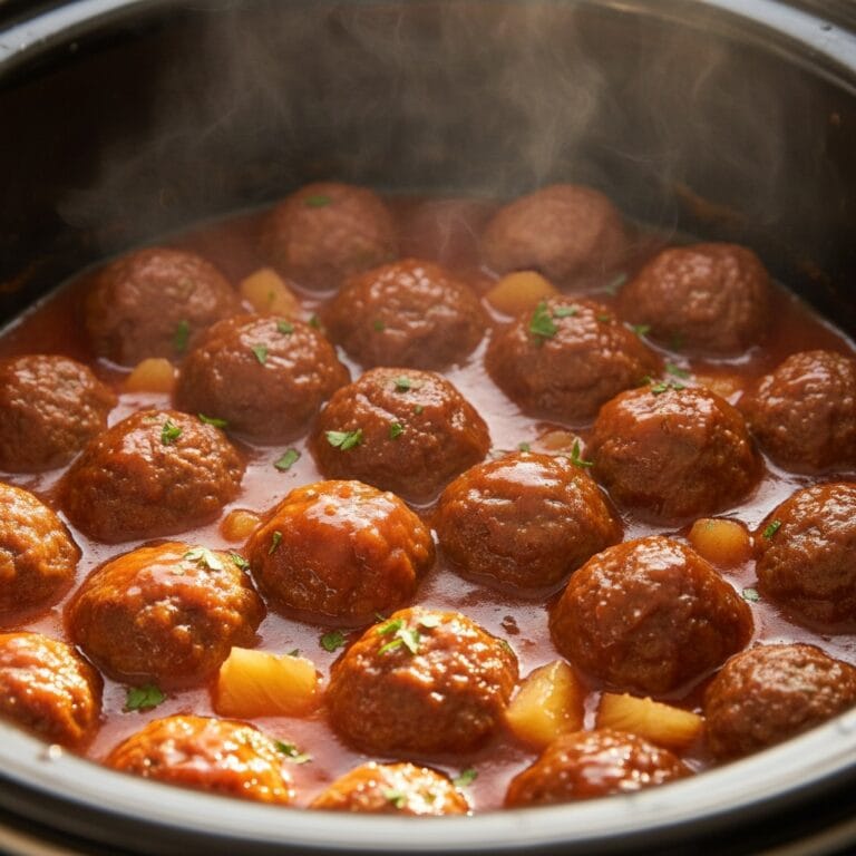 Close-up of bubbling Sweet & Sour Meatballs in slow cooker