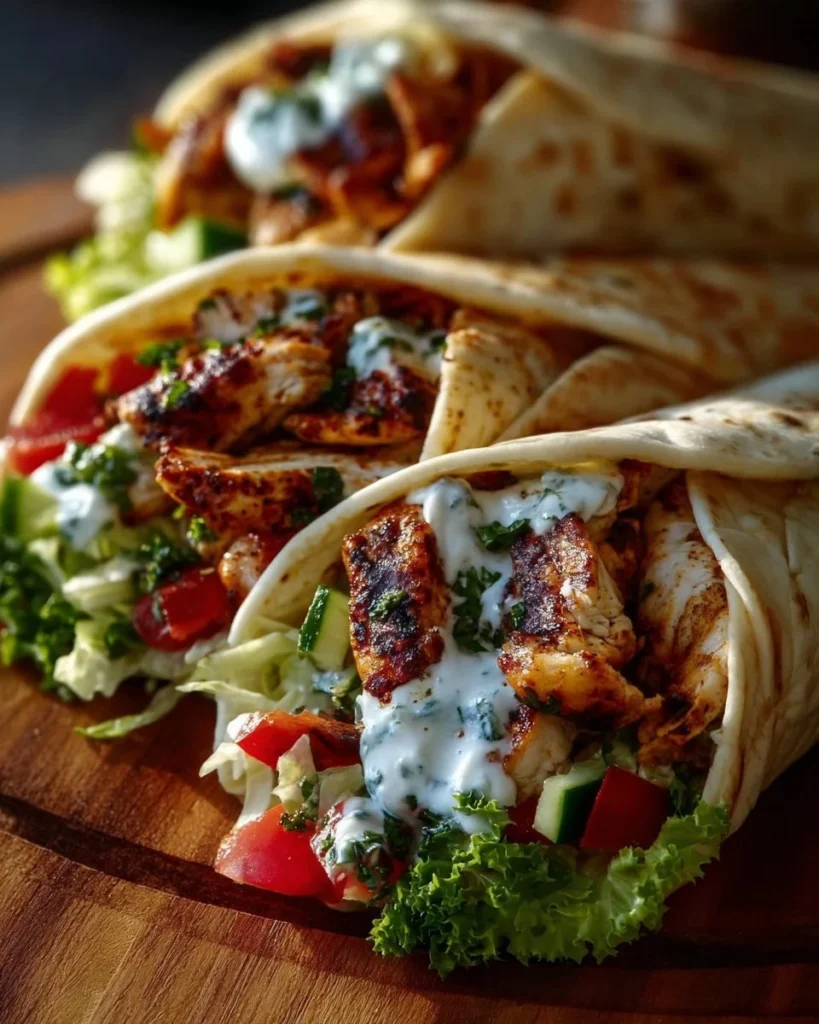 Delicious Mediterranean Chicken Gyros served with creamy feta tzatziki sauce.